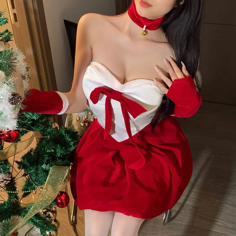 TTYL طبطب MM عيد الميلاد جديد المخملية الحلو القوس خارج على الكتف الخريف/الشتاء الأحمر منتفخ فستان قصير مجموعة للنساء فساتين غريبة