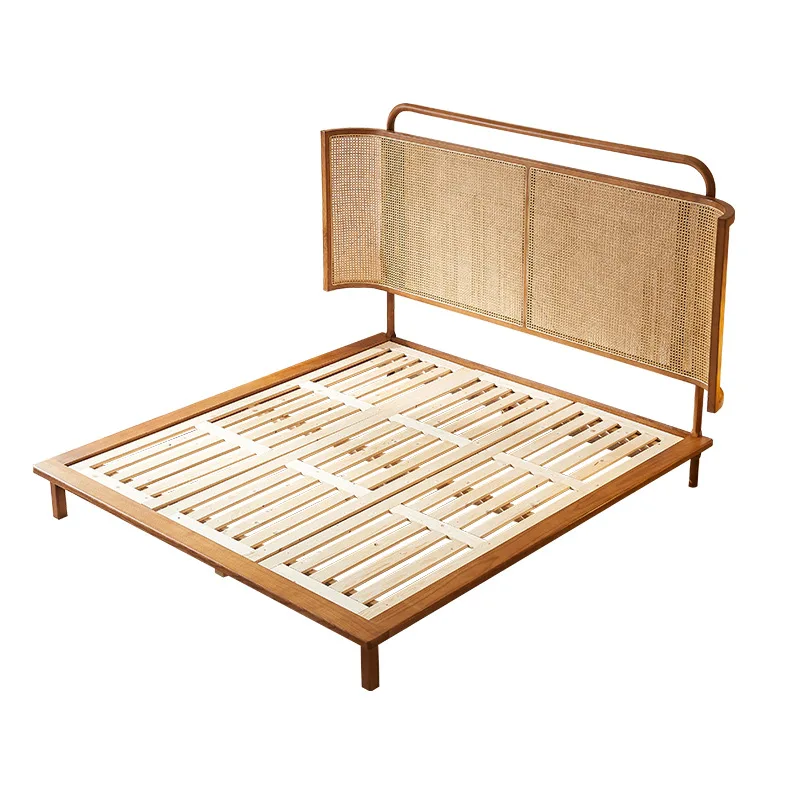 

Wide bedside features rattan solid wood bed, wabi-sabi style bedroom, simple double bed, B&B hotel, ash bed