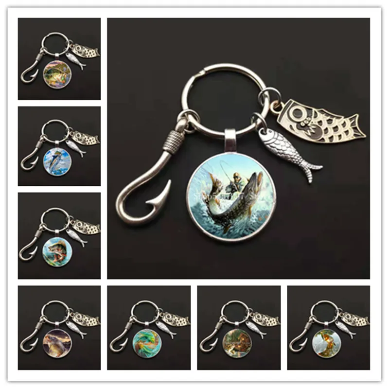 Fashion Fishing Master Keychain Fish Hook Keychain Glass Dome Keychain Fisherman I Love Fishing Fish Pendant Key