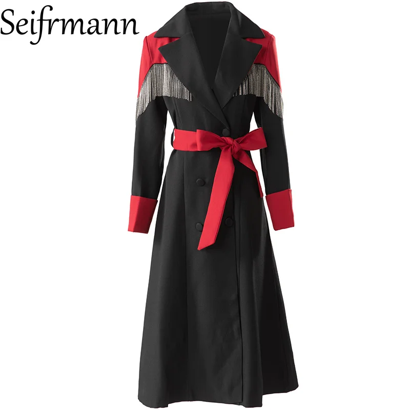 Seifrmann 2026 Spring Women's New Fashionable lapel Long Sleeve Contrast Nail Bead Tassel Double breasted Windbreaker