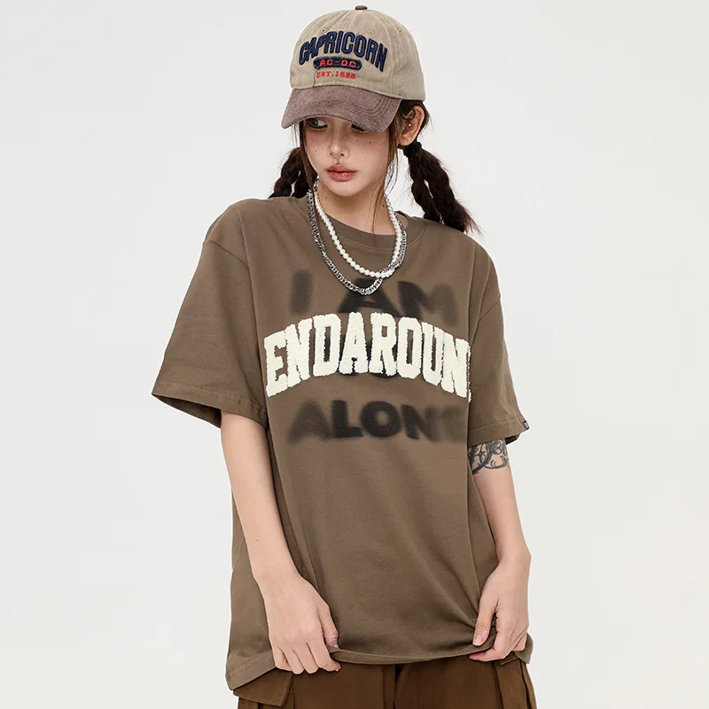 High Street Hip Hop Vintage Towel Embroidery Letters Heavyweight T-shirt Men's and Women's Loose Fashion Couple Half Sleeve Top