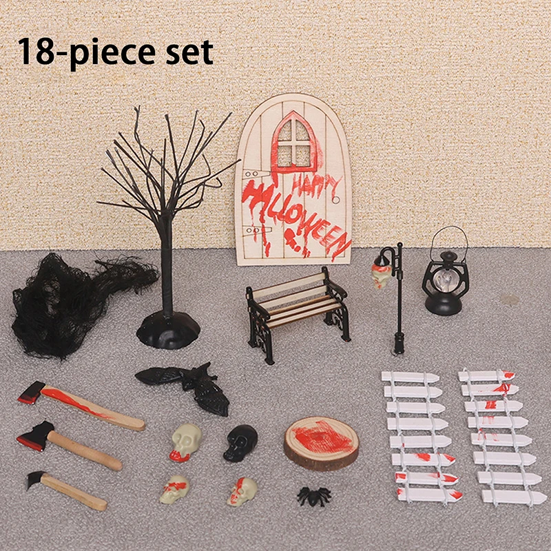 1Set 1:12 Dollhouse Miniature Halloween Decoration Door Street Lamp Fence Bat Ghost Festival Scene Pretend Play Toys