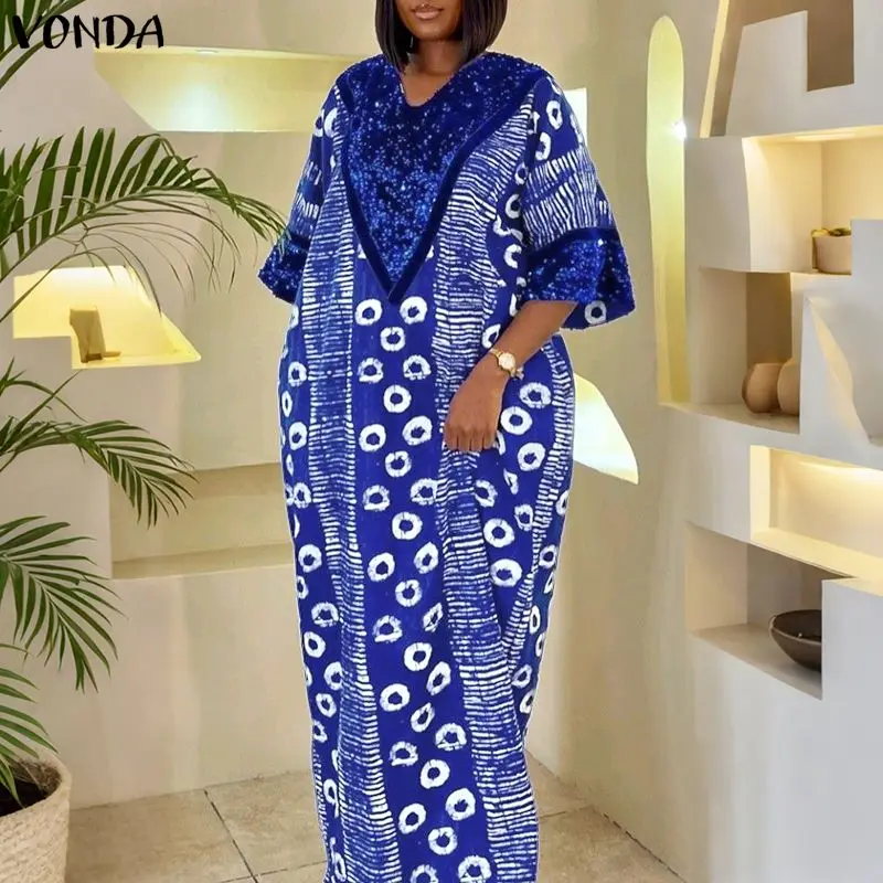 Plus Size VONDA Women Bohemian Long Dress Sequins Patchwork Maxi Vestidos 2025 Casual Printing Vintage Autumn Loose Party Robe