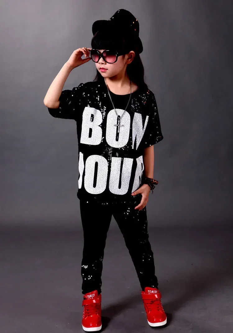 Girls Boys Sequins Modern Jazz Dance for Girl Outfits Tops Pants Ballroom Hip Hop Dancing Suit kids Stage wear Costumes Clothing