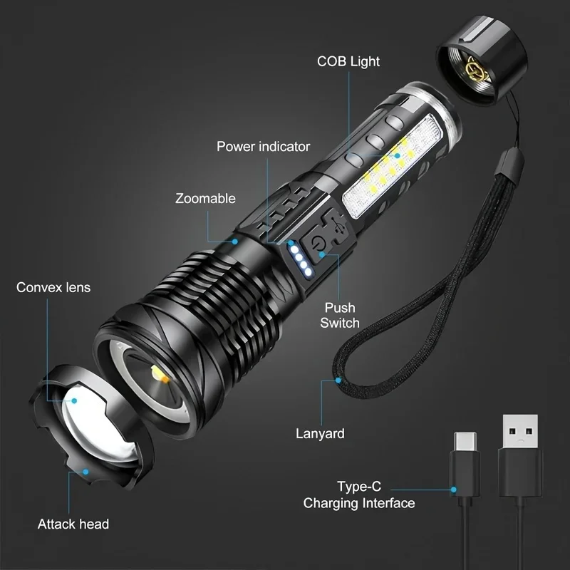 High Power LED Flashlight Rechargeable Torch Flood Light With Waterproof 7 Modes Side Light For Outdoor Camping Fishing Lighting
