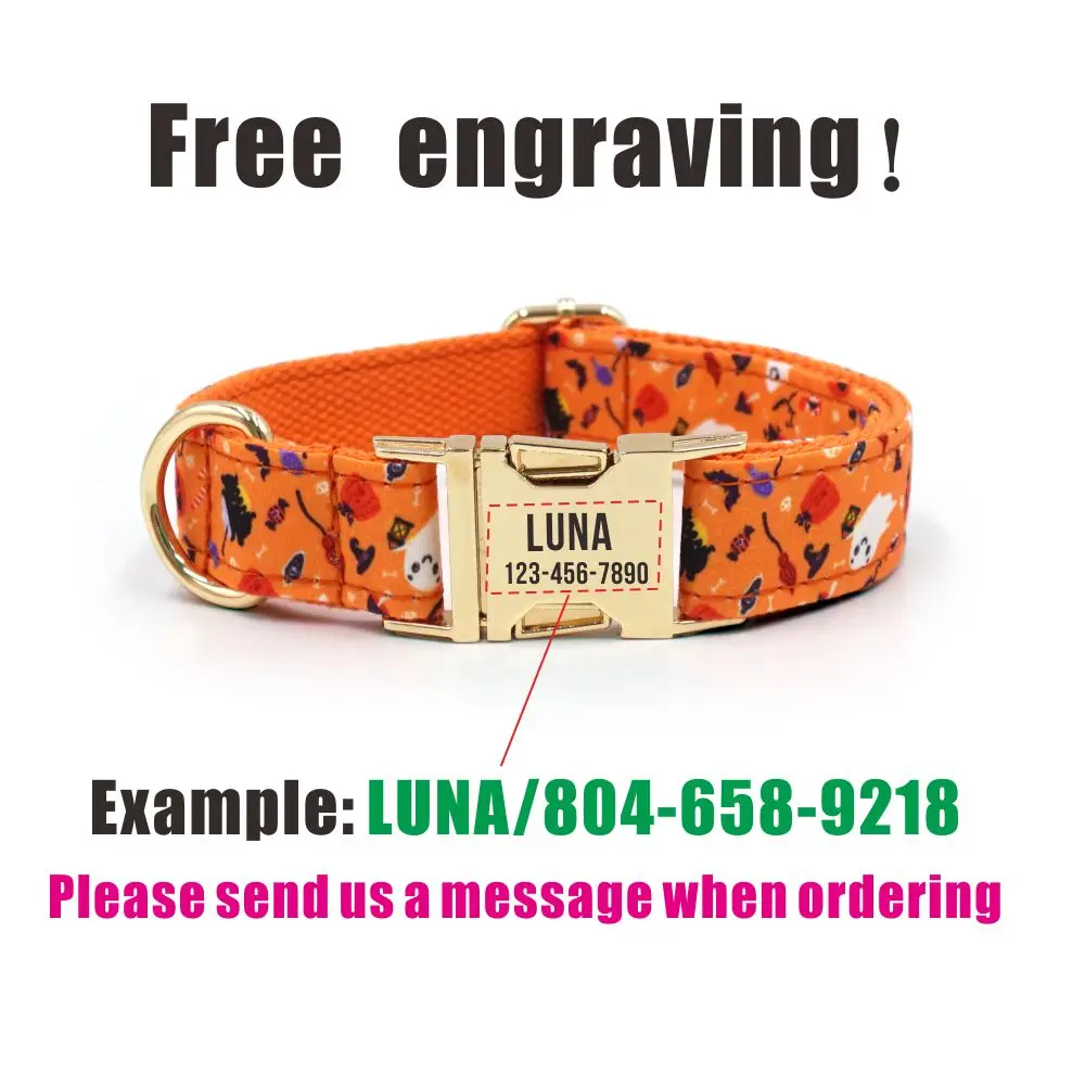 Personalized Dog Collar with Free Engraving, Matching Pet Leash,Customzied Contacts Metal Buckle,Orange Halloween Puppy Collar