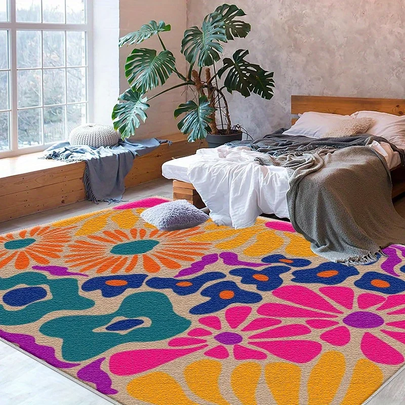 VIKAMA Groovy Hippie Flower Indoor Rug Bright Multicolor Retro Floral Pattern Non‑Slip Stain‑Resistant Washable Floor Mat Home