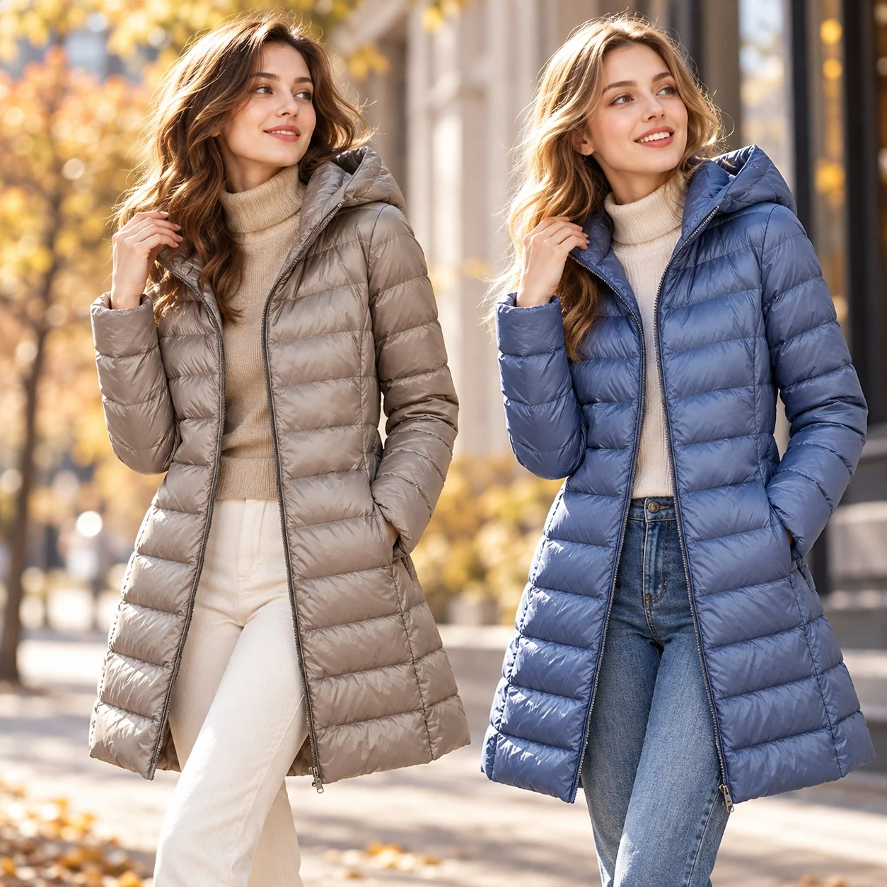 Hooded Slim Fit Coat Mid Length Commuter Style with Pockets Warmth Retention Autumn Zipper Closure Daily Long Sleeve Women Coats
