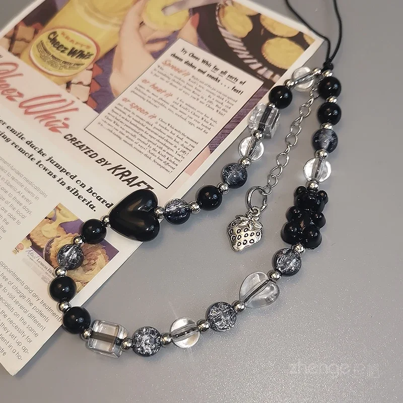 Mobile Phone Lanyard Short Women's Black and White Color Crystal Hand Beaded Love Bear Jewelry Bracelet Small Fresh Chain image 5