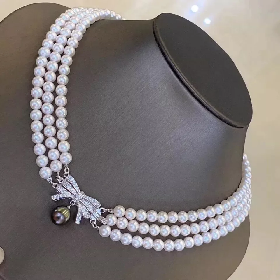 3-strand natural AAAA 5-6mm+9-10mm black pearl round akoya white pearl necklace 18-19-20 inch 925S