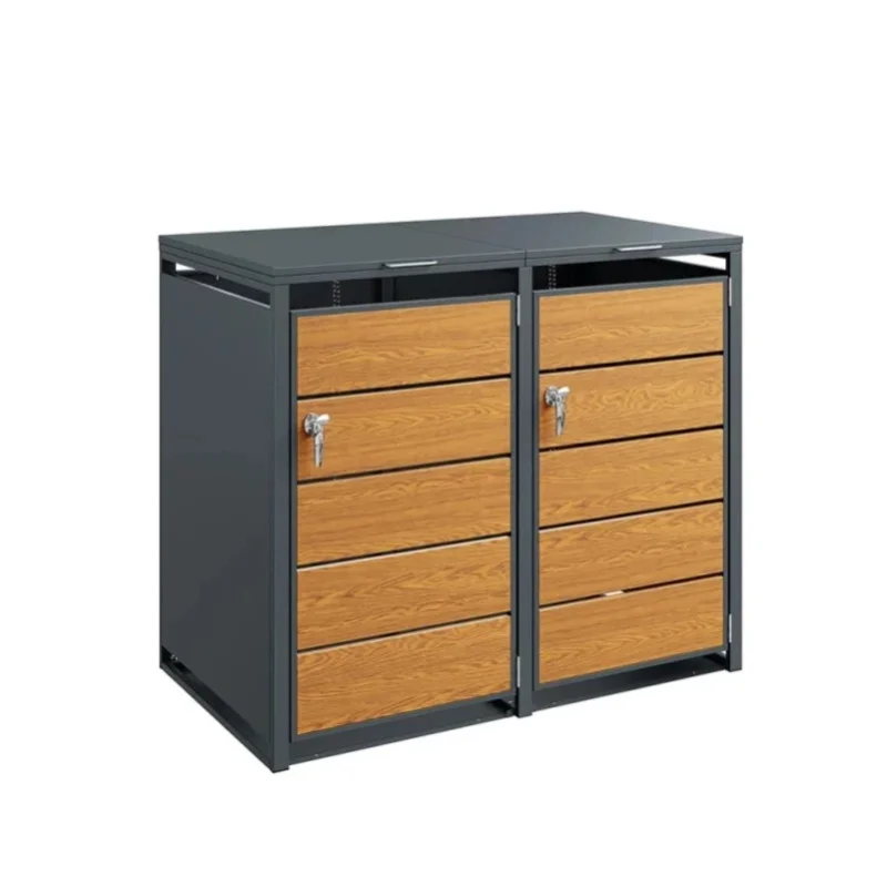 SoBuy OGS64-N Mülltonnenbox 2er 240l abschließbar Mülltonnenverkleidung Metall & Holzoptik Müllbox fahrbar mit Gasdruckfeder Dunkelgrau 134×80×116 cm