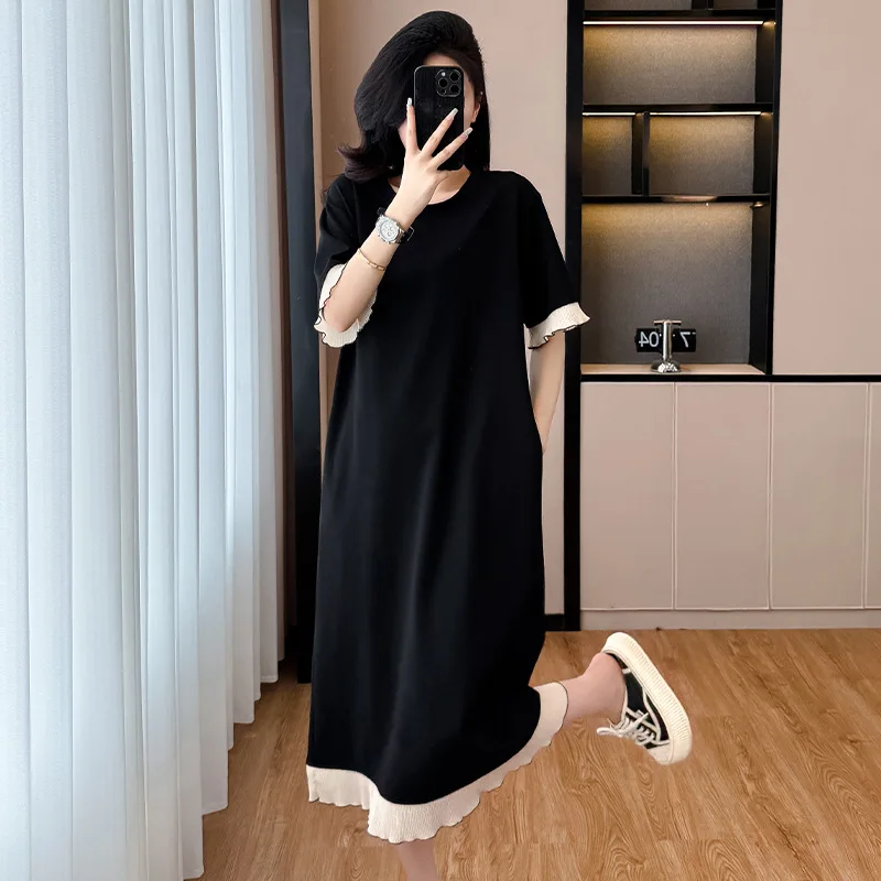 Robes d'été coréennes pour femmes, en dentelle, épissure, manches courtes, décontractée, ample, slim, taille haute, Maxi T-shirt