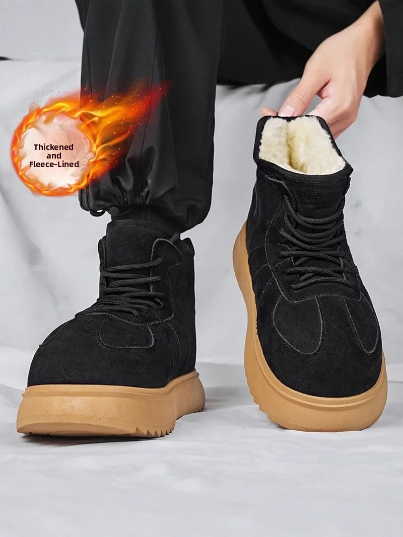 Men's Winter Snow Boots Thickened Fleece Lined Fur Integrated Waterproof Cold Proof Cotton Shoes Casual Short Tube Booties
