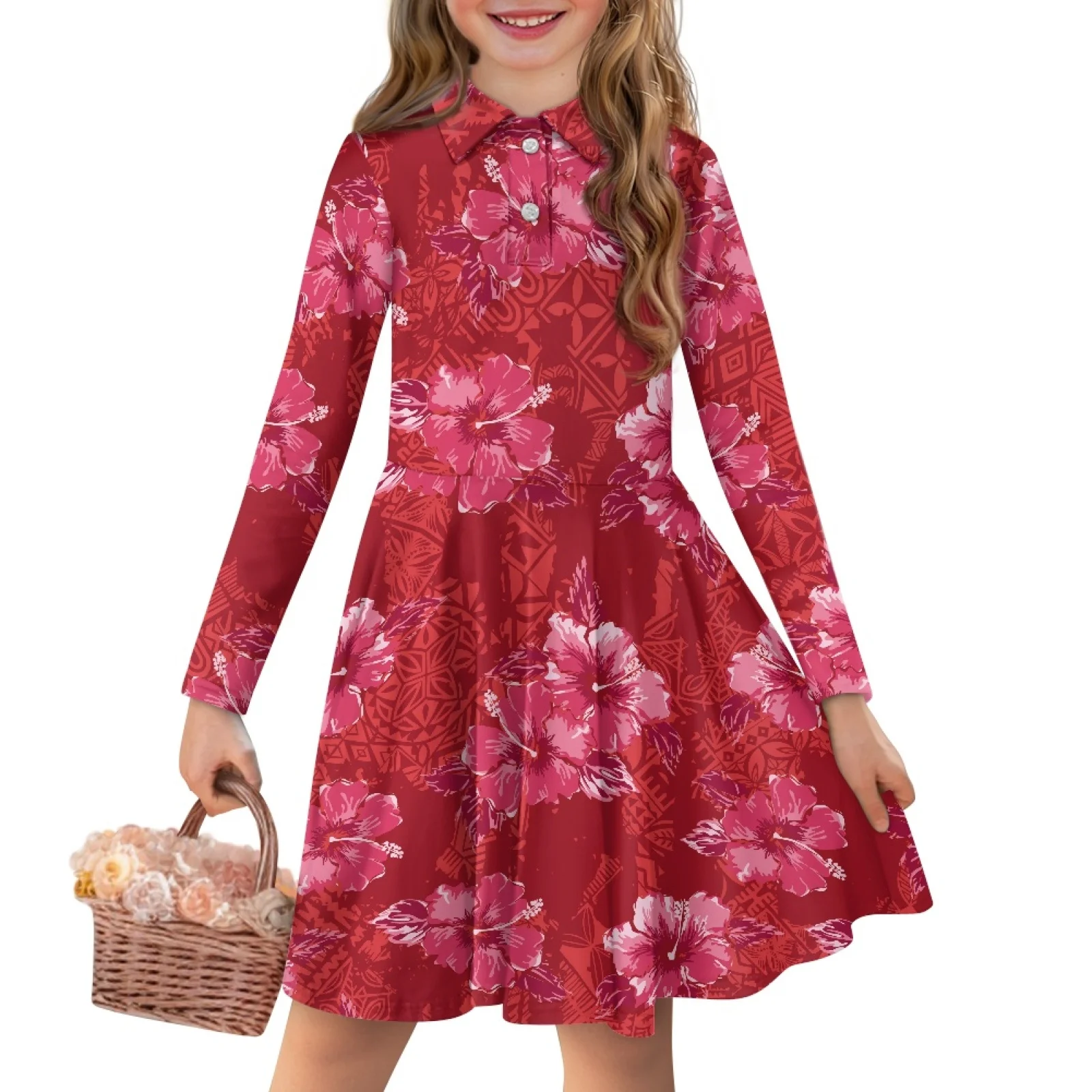 

Children's Long-Sleeved Polo Shirt Midi Skirt,Girl Spring And Autumn Period New Polo Collar Dress, Polynesian Tribal Printing