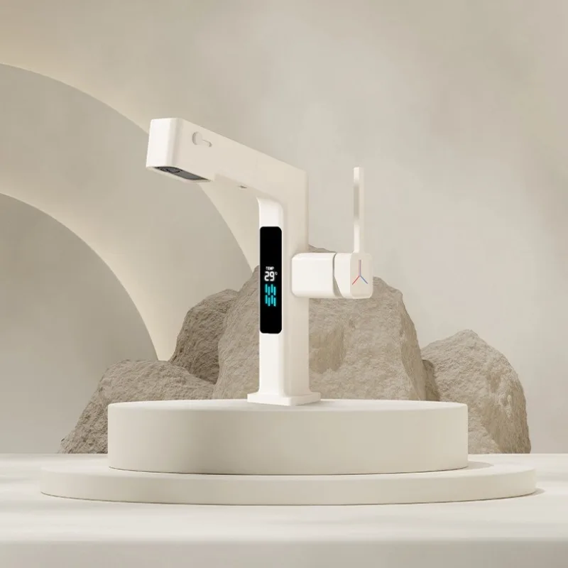 

Milk White Pull-out Digital Display Basin Faucet, Hot and Cold Multifunctional Gun, Gray Water Outlet, Mouthwash Basin Faucet