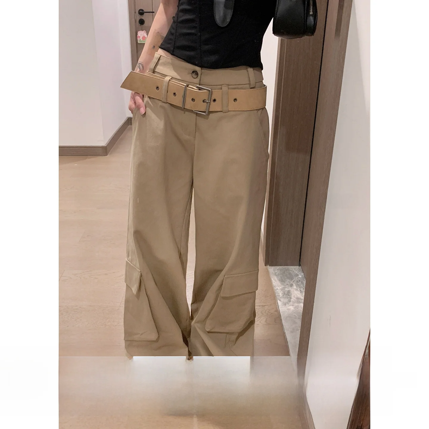 

LILI Miss Pure Cotton High Waist Khaki Color Straight Leg ket Workwear Trousers Women's Casual Faion Sample