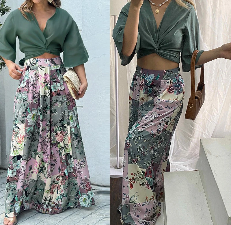 Two Piece Sets Womens Outifits Fashion Versatile Twisted Navel Top and Floral Printed Wide Leg Pants Suit for Female Summer 2024