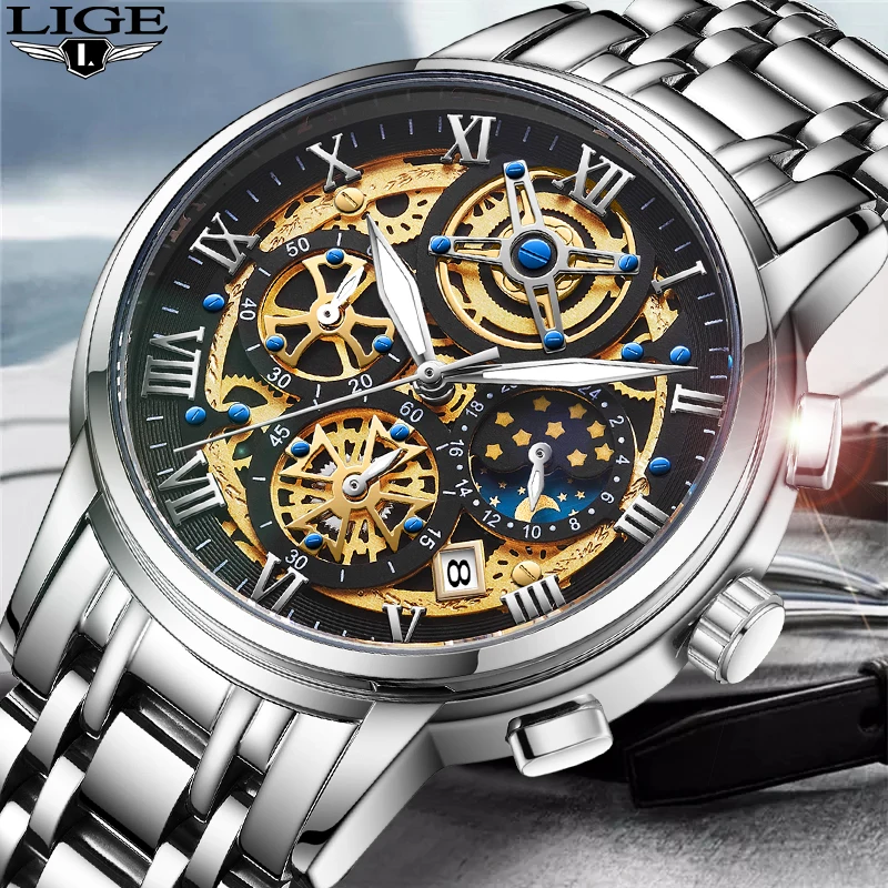 LIGE Watch Men Chronograph Fashion Hollow Creative Steel Watches Luxury Sports Waterproof Quartz Clock Moon Watch Reloj Hombre