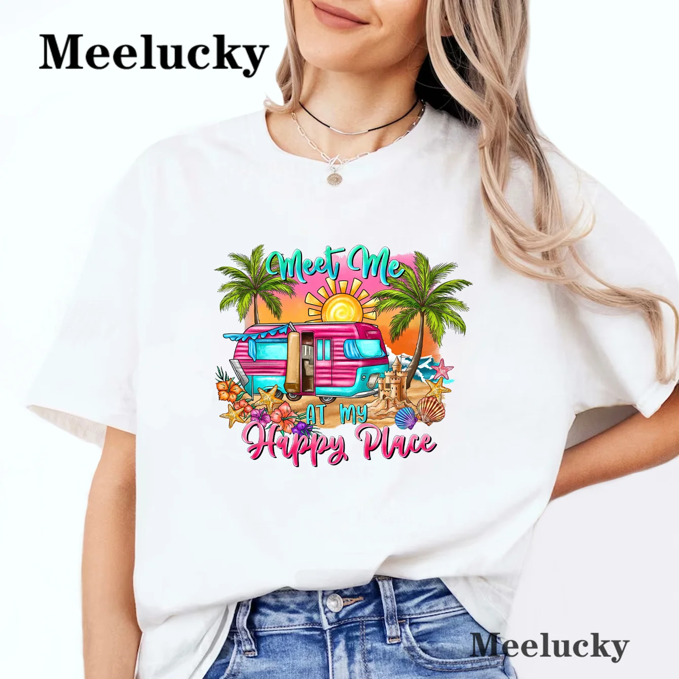 Meet Me At My Happy Place 100% Cotton Women's Short Sleeved T-shirt Leisure Street Top