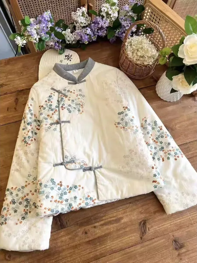 

New Chinese Sle Printed Cotton Jaet Women's Winter High-End Feelings National Sle Oblique Collar Button Stand Collar Wa...