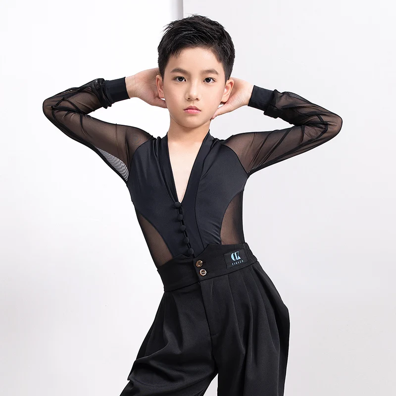 Fashion Latin Dance Costumes For Boys Black Long Sleeve Shirts Bodysuit Ballroom Dancing Clothes Latin Competition Dress DN7115