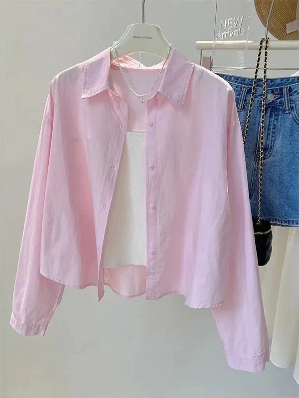 

Trendy Short Women's Shirt Korean Version Loose Long Sleeve Button Design Outerwear Versatile Top for Small Stature