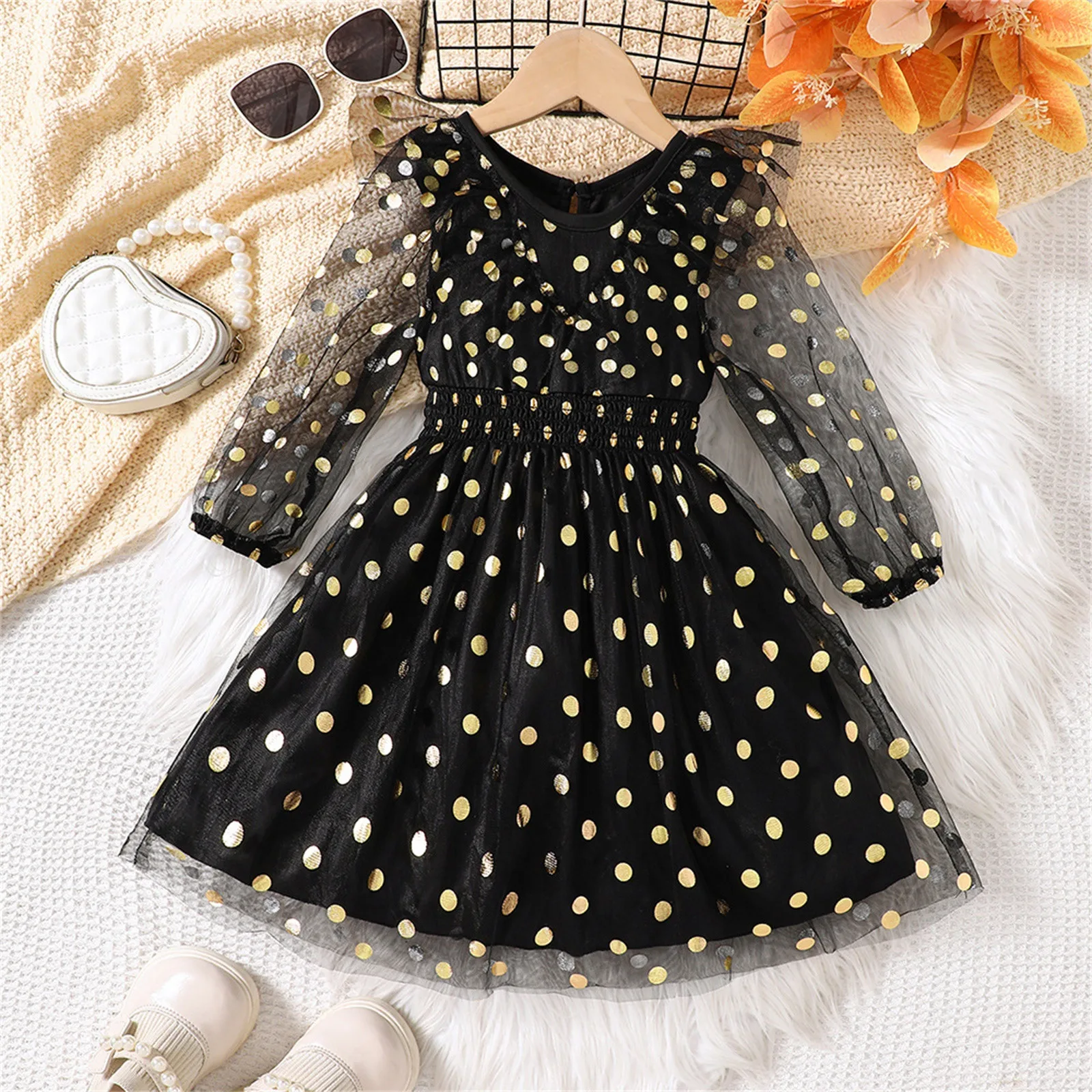 Halloween Carnival Dresses for Women Kids Golden Polka Dot Tulle Dress Long Sleeves Set For Holiday Girls Elegant Princess Dress