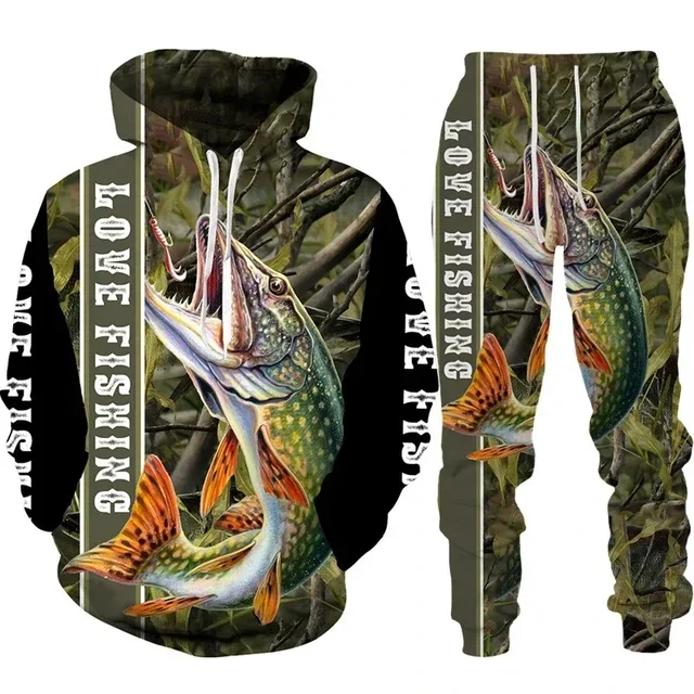 2024 New Fishing Hoodie Pant Suits 3D Print Men\'s Hooded Sweatshirts Outfit Tracksuit 2pcs Sets Outdoor Fishing Hunting Clothing