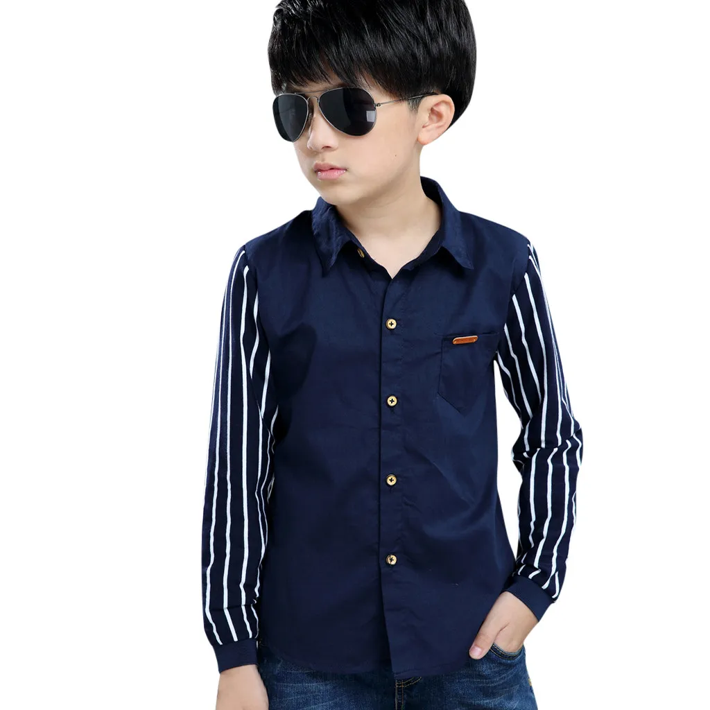 Teen Baby Kids Boys Long Sleeve Stripe Fastener Gentleman Shirt Tops Clothes