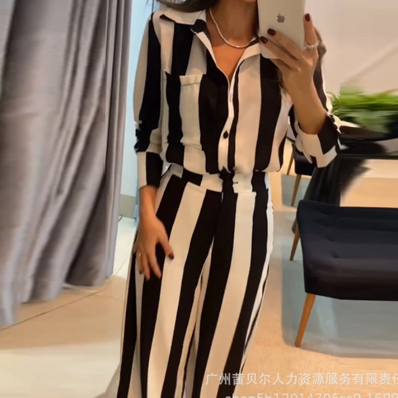 Striped Pocket Design Shirt & Wide Leg Pants Set Two Piece Set Women T Shirts Turn Down Collar Tops Trouser High Waist Pant Sets