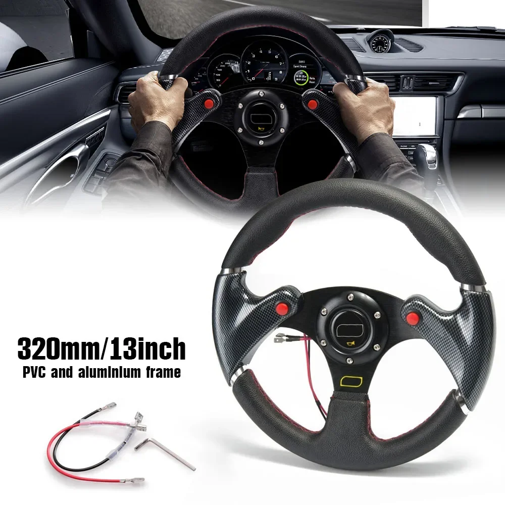 13 Inch (320mm) Carbon Fiber Leather Racing Steering Wheel - Flat Bottom Sport Wheel with Horn Button | Universal Fit