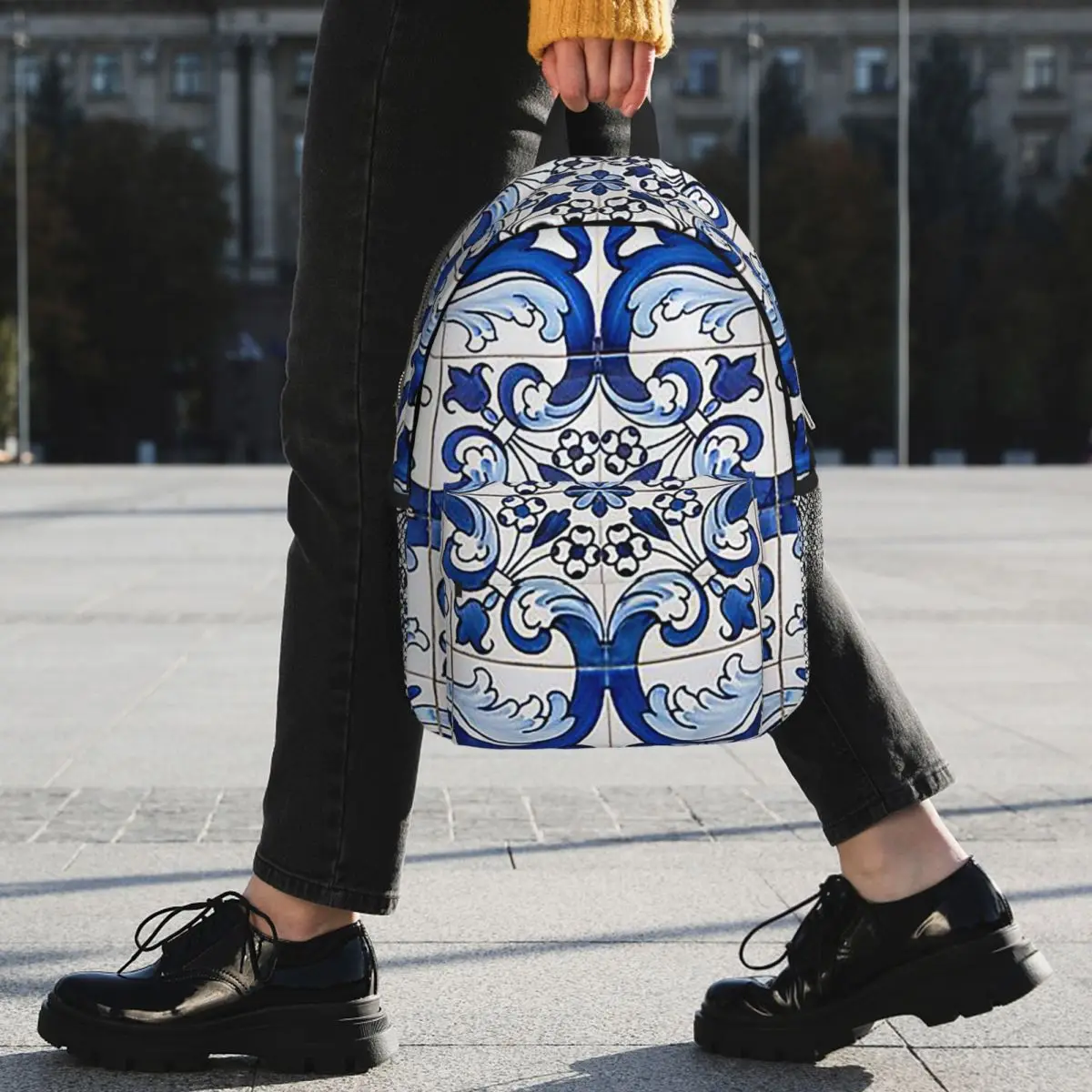Antique Classic Lisbon Blue Azulejo Tile Floral Backpack Student BookBag Boys Girls School Bag Laptop Shoulder Bags