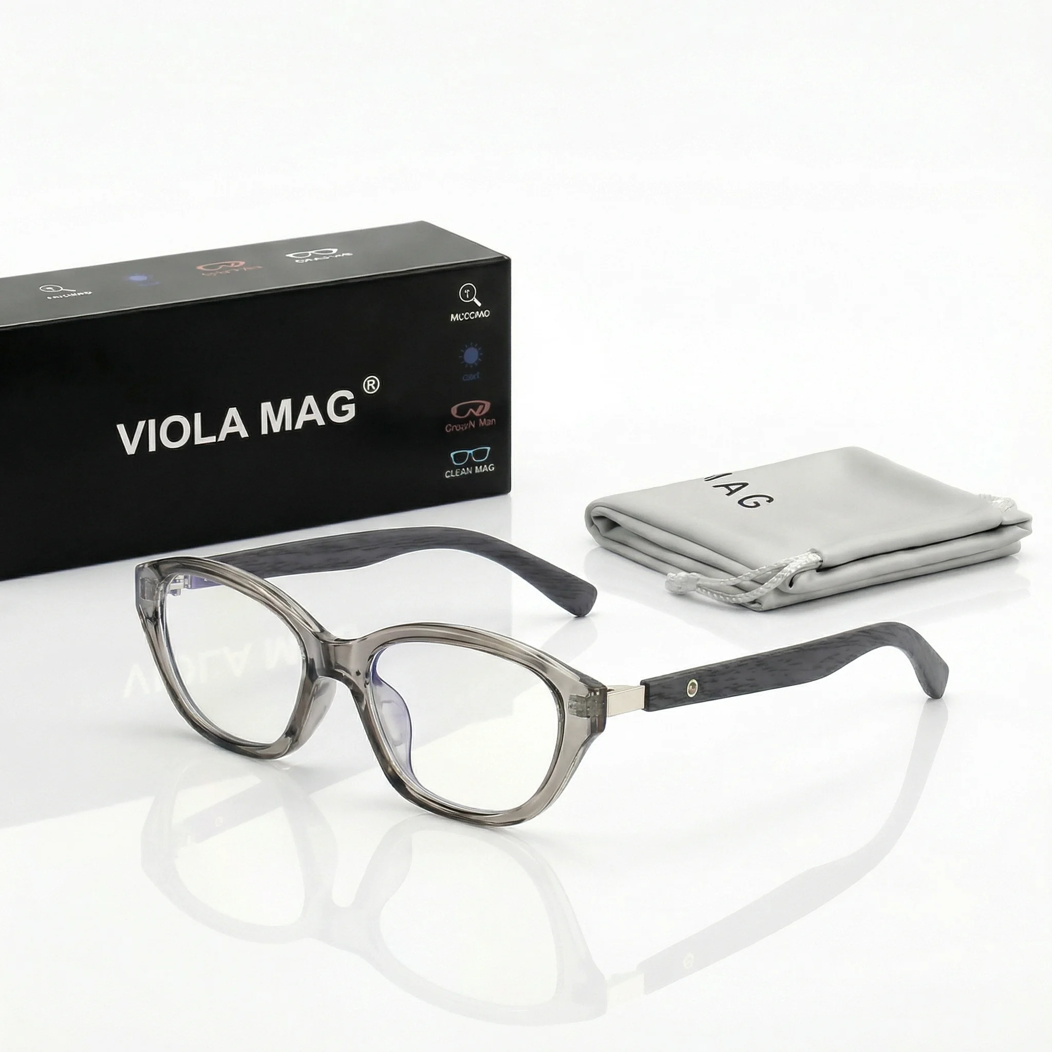 VIOLA MAG Vintage-Lesebrille mit Holzmaserung und Katzenaugen-Design, Blaulichtfilter, Unisex, schlicht, für den Alltag, mit Spiegelbeutel