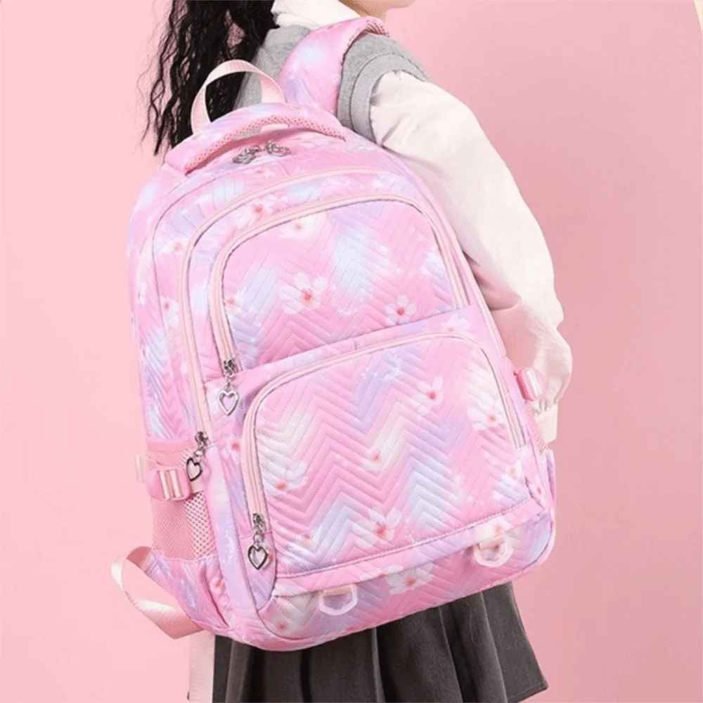 Flower Printed Children Backpack Nylon Korean Style Shoulders Bag Large Capacity Multiple Pockets Student School Bag