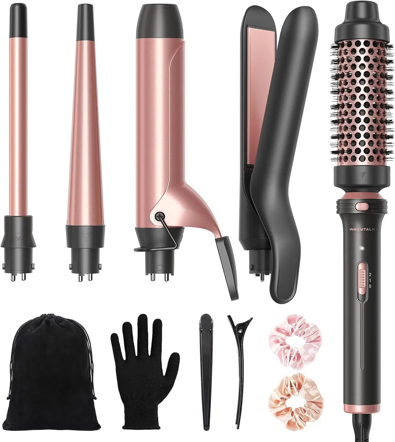 

5-in-1 Ceramic Curling Iron Set with Thermal Brush, 4 Wands (0.5'-1.25'), Instant Heat, Rose Gold