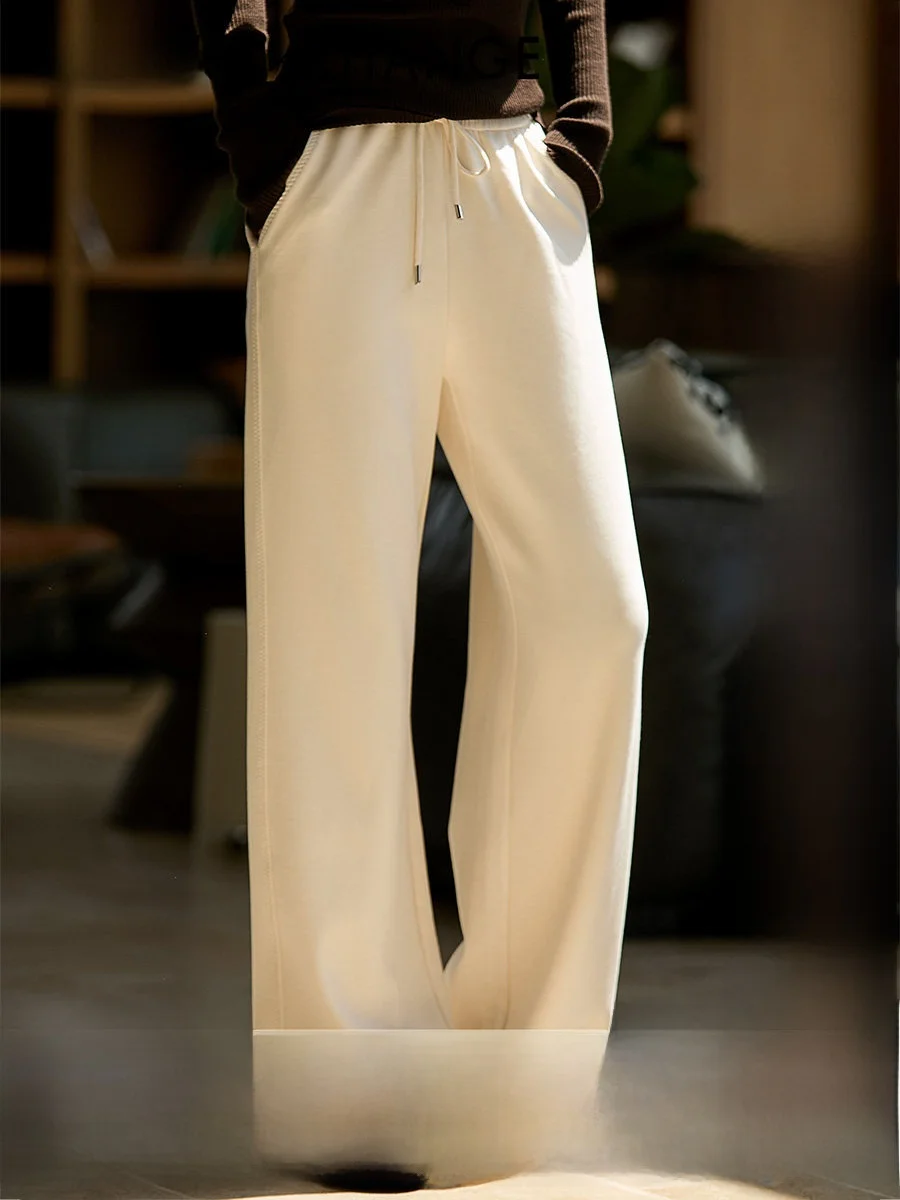 

Ladies Casual Pants with Wool Drawstring Elastic Waist Straight Leg Lazy Pants Loose Cuff Wide Leg Pants Commute 26 Women
