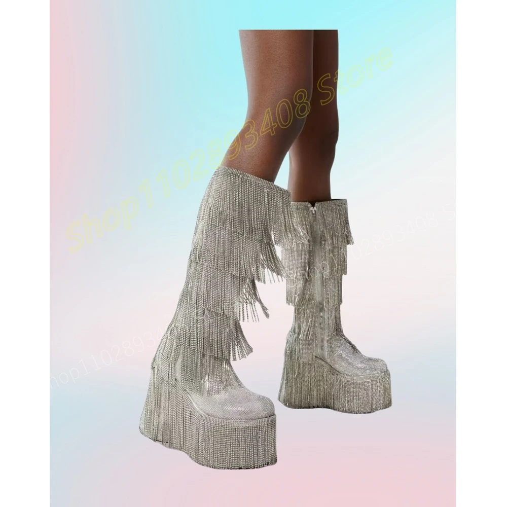 

Sliver Glitter Crystals Chain Mid Calf Boots Round Toe Thick Soled Wedges High Heel Party Women Shoes 2024 Zapatos Para Mujere