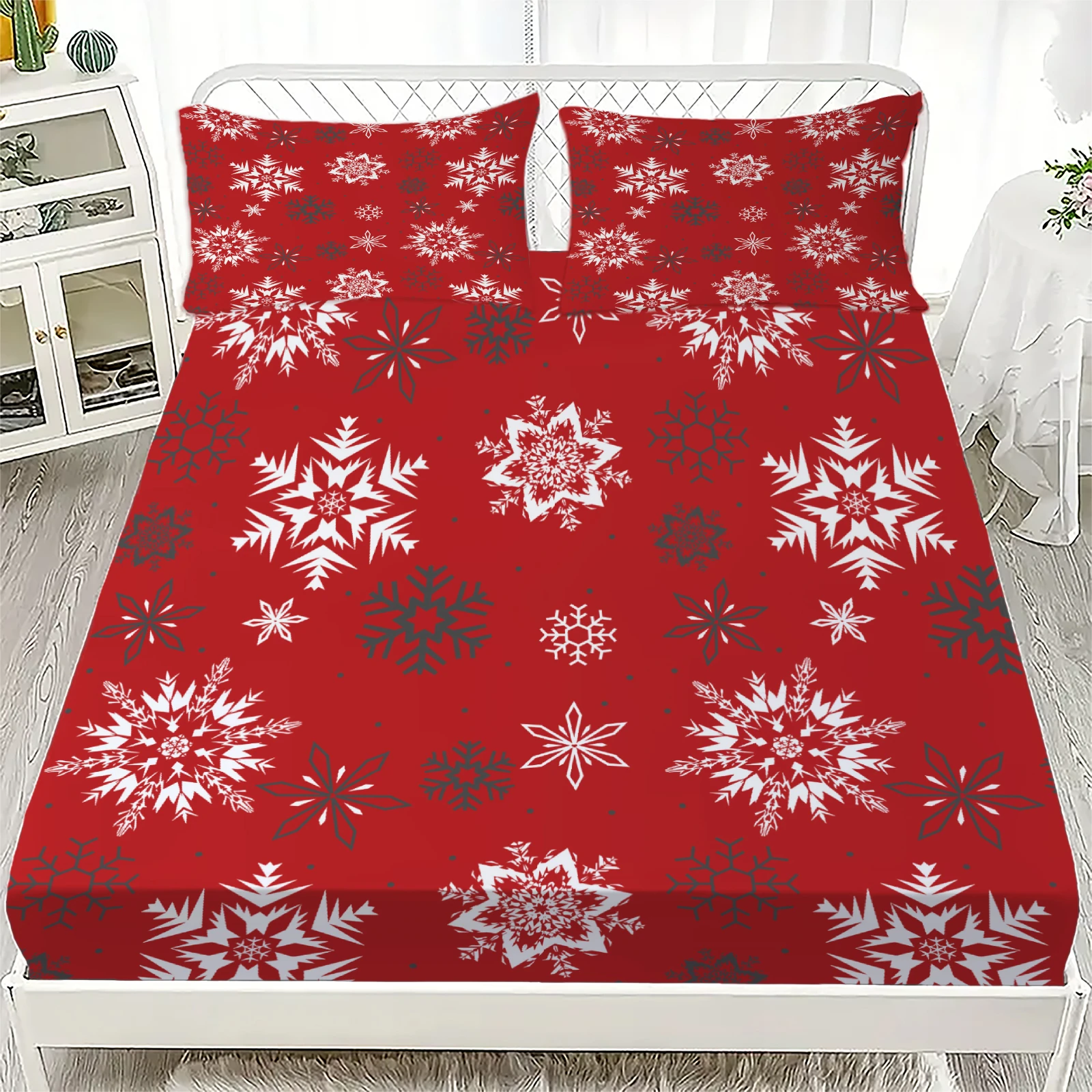 3pcs Fitted Sheet Set Warm Winter Snowflakes 3D Printed 100% Polyester Breathable Bedding Set for Home Decor with 2 Pillowcases
