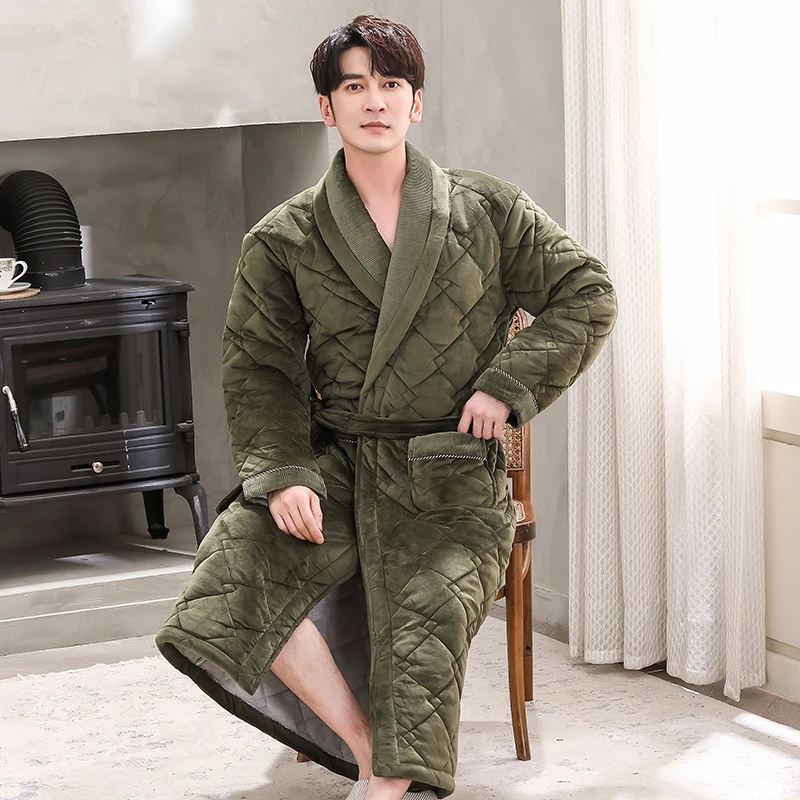 Men Casual Kimono Bathrobe Winter Three Layers Flannel Quilted Long Robe Thick Warm Sleepwear Big Yards Nightgown Male Home Wear