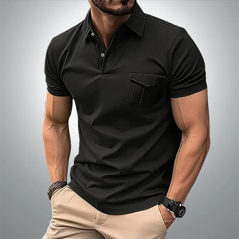 Polo décontracté à manches courtes pour hommes, haut de poche monochrome, t-shirt d'affaires quotidien pour hommes, grande taille européenne et américaine, été