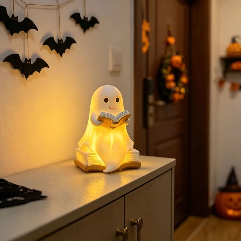 Specter Reading Book Night Light Desk Halloween Decoration Stable Base Glowing Specter Statue Spooky Desk Light Easy Setup M4YD