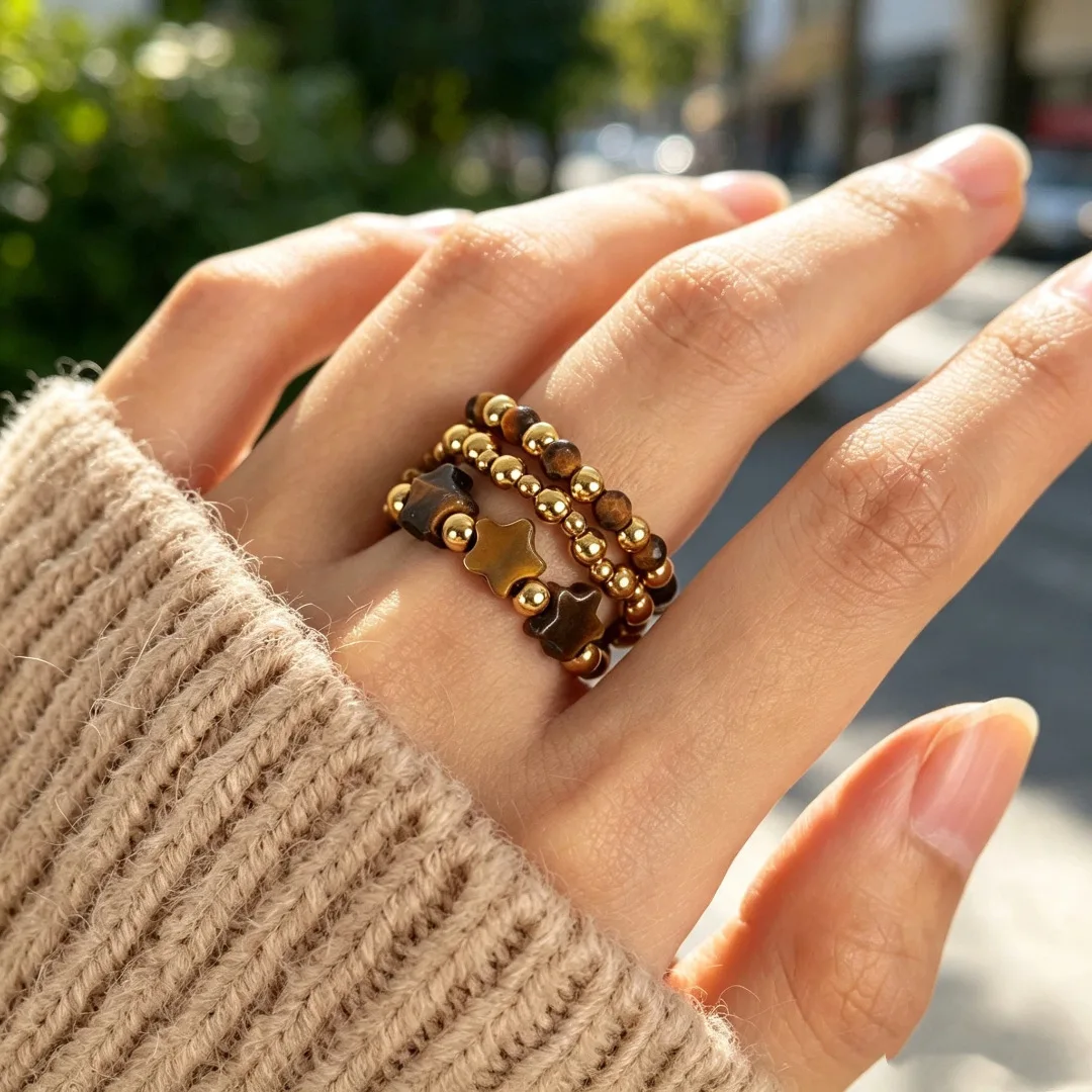 3pcs/set Tiger Eye Star Beaded Stackable Rings for Women Boho Handmade Elastic Resin Beaded Finger Rings Set Vintage Jewelry
