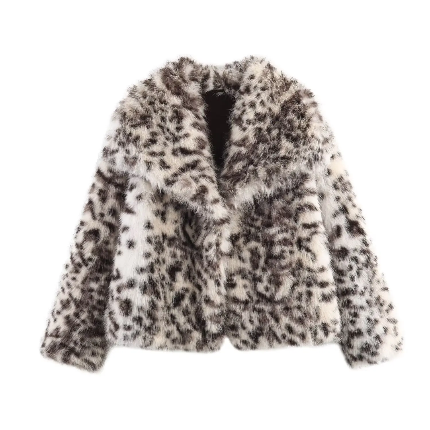 

2025 Winter Women's Fashion Faux Fur Coat Long-Sleeve Leopard Print Coat Women's Elegant Collared Thick Warm Coat
