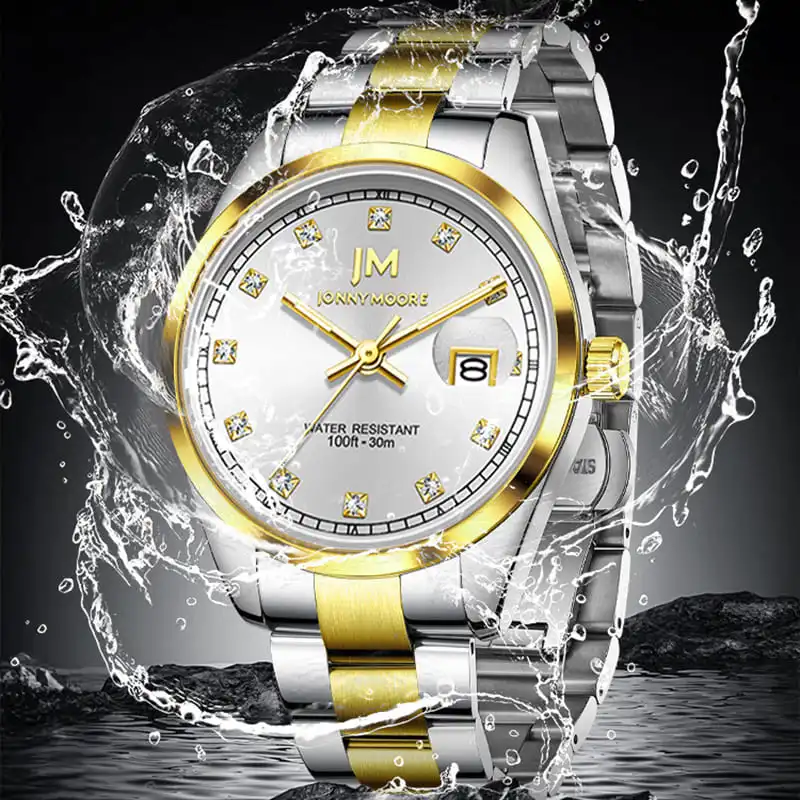 جوني مور K1039 ساعة كوارتز عصرية فاخرة بشريط فولاذي مرصعة بالألماس مقاومة للماء بتقويم ماسي للرجال Mujer