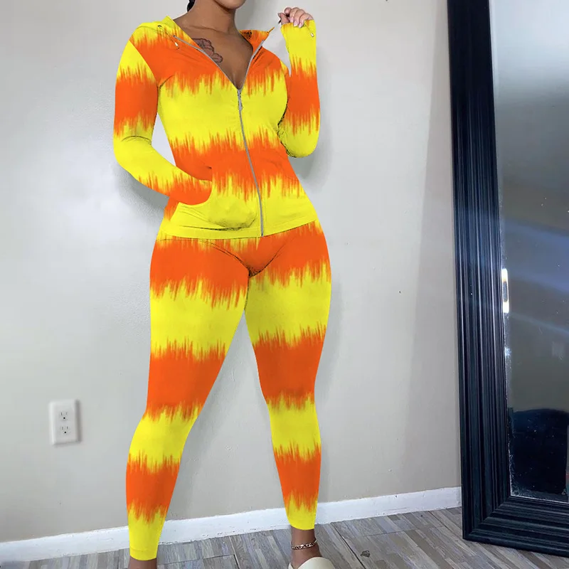 

Комплект из двух предметов с принтом Tie Dye, осенняя одежда для женщин, Топ с длинным рукавом на молнии с капюшоном и брюки, подходящие комплекты, повседневная одежда, одежда для отдыха