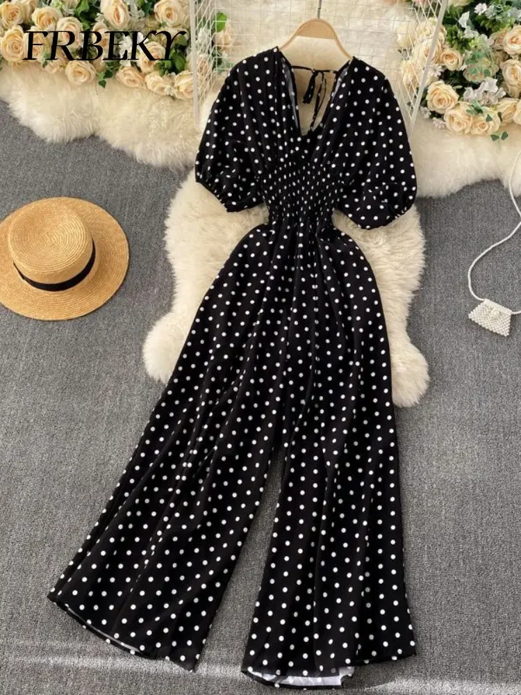 Mono con estampado de lunares para mujer, traje de una pieza con cuello en V, cintura alta, pierna ancha, informal, elegante, para fiesta, Verano