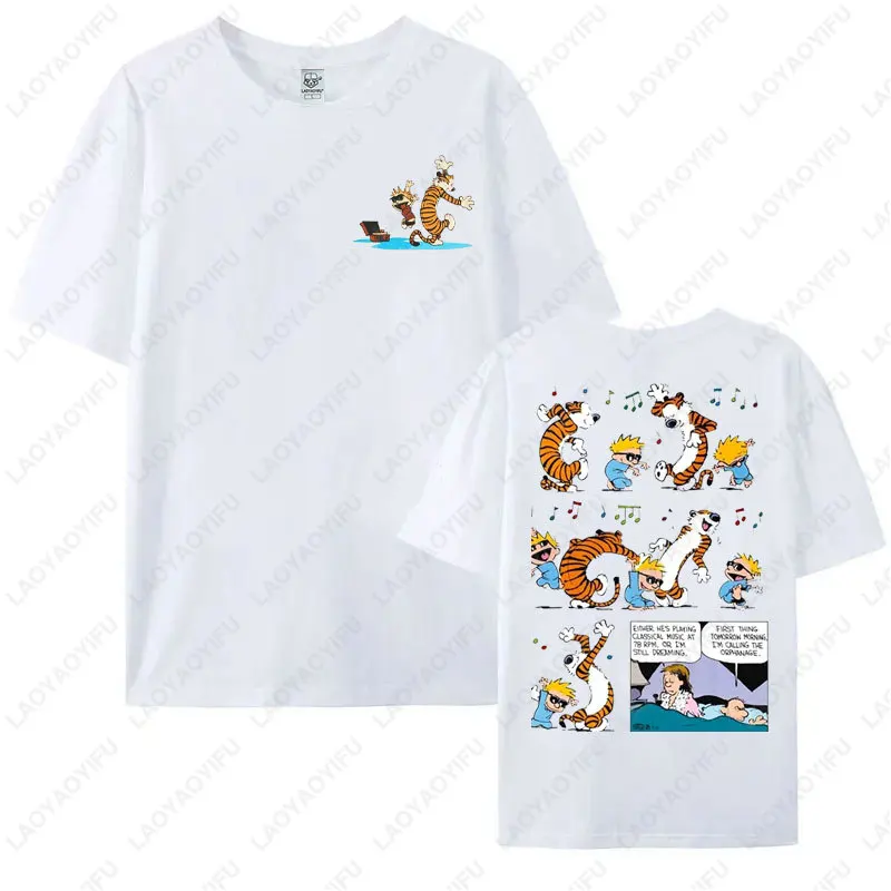 Engraçado calvin e hobbes camiseta gráfica de algodão para homens mulheres casual wear nostalgia estilo da velha escola dos desenhos animados anime camisetas