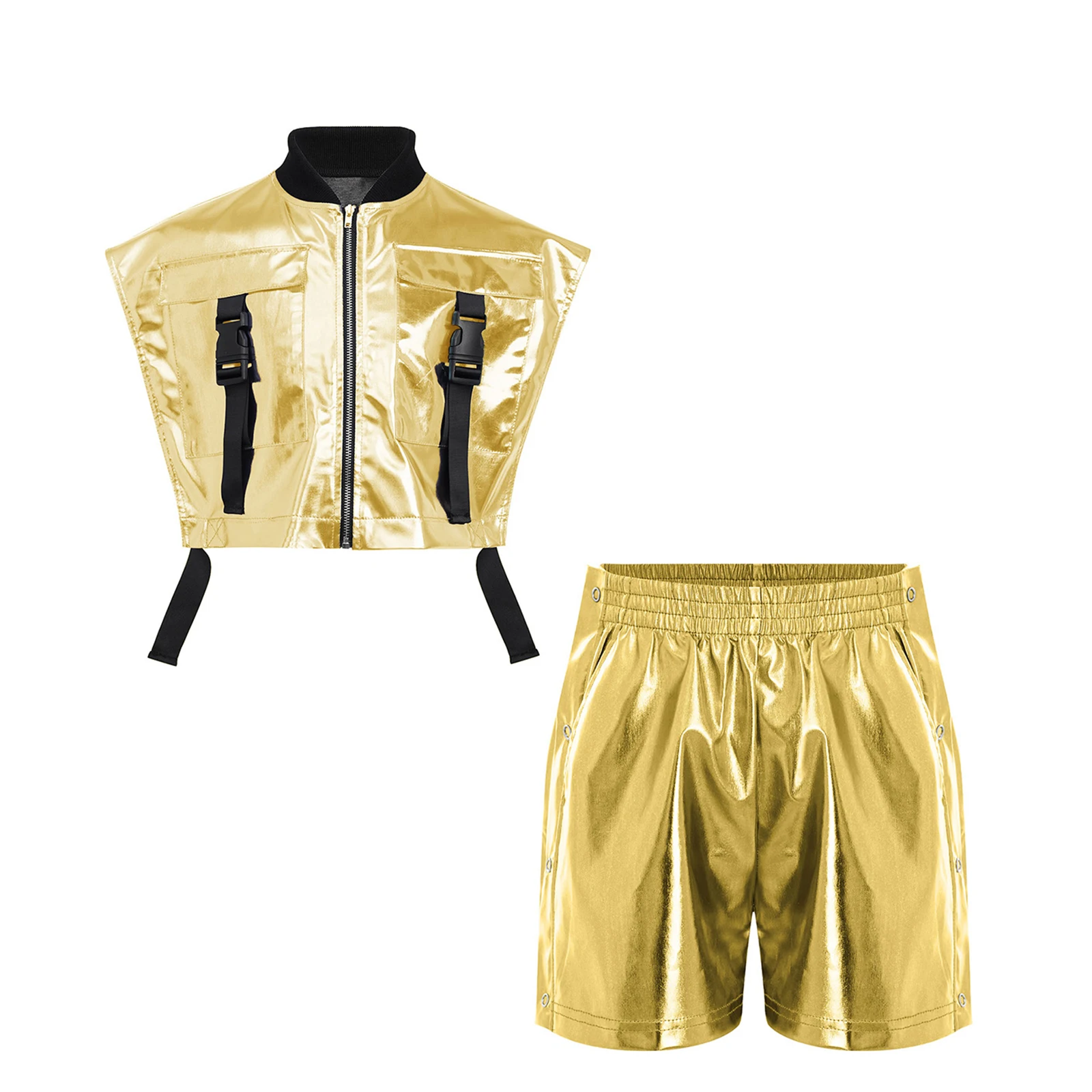Kinder Mädchen Hip-Hop Jazz-Tanz-Outfit Aufführungskostüm mit seitlich geöffneter Metallweste mit Reißverschluss und seitlichen Druckknöpfen sowie glänzenden Shorts – Detail 23