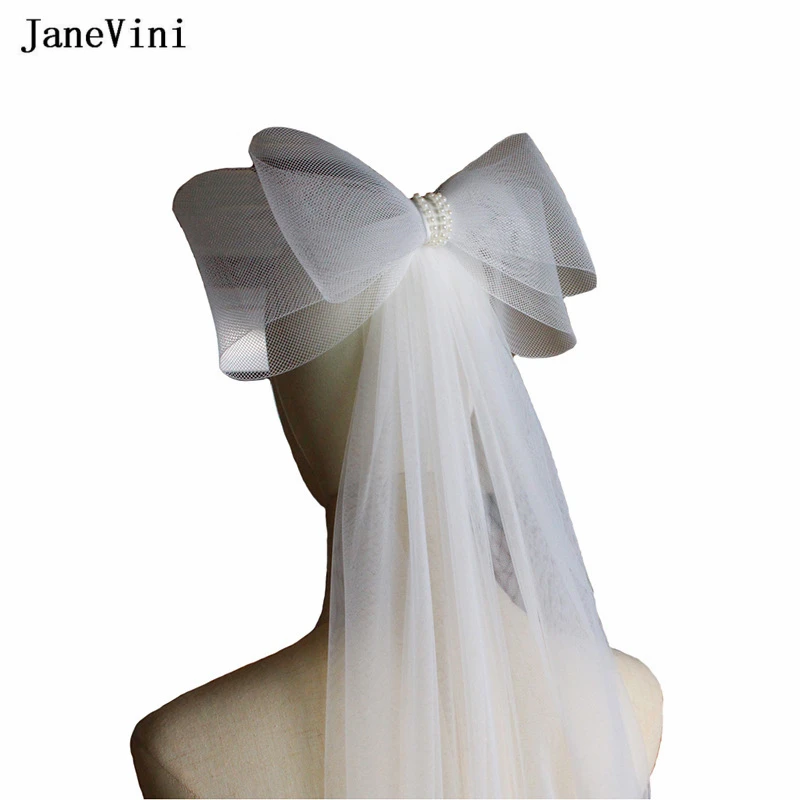 JaneVini 2023 Elegant Korean Bridal Bow Veils White Veil Hairpins Women Two Layers Mesh Bow Hair Clips Bride Wedding Accessories