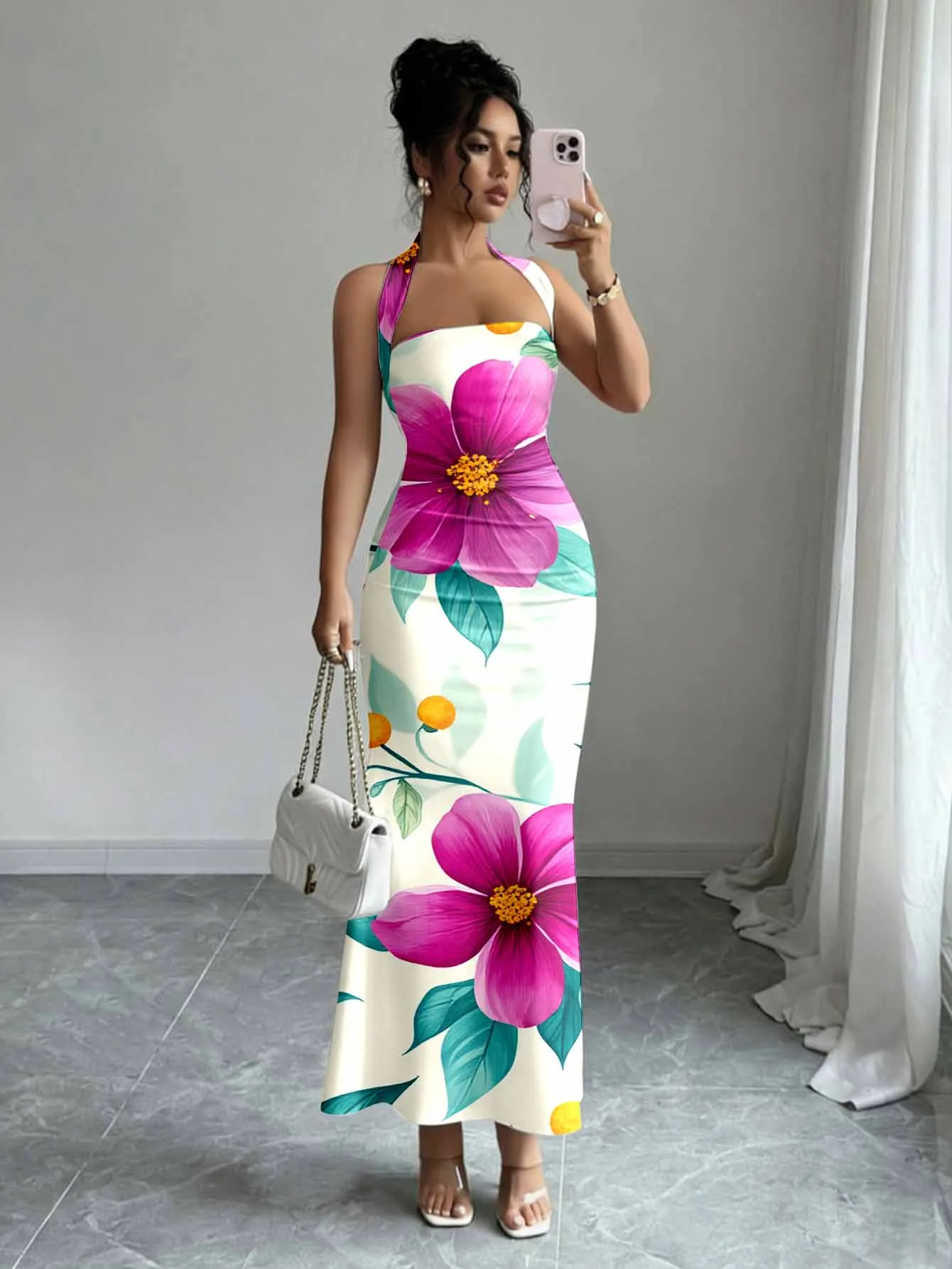 Hip-Hugging Sleeveless Long Skirt with Hanging Neck Design And Collar Flowing Fabric Gentle on the Eye Highlighting Superior Fig